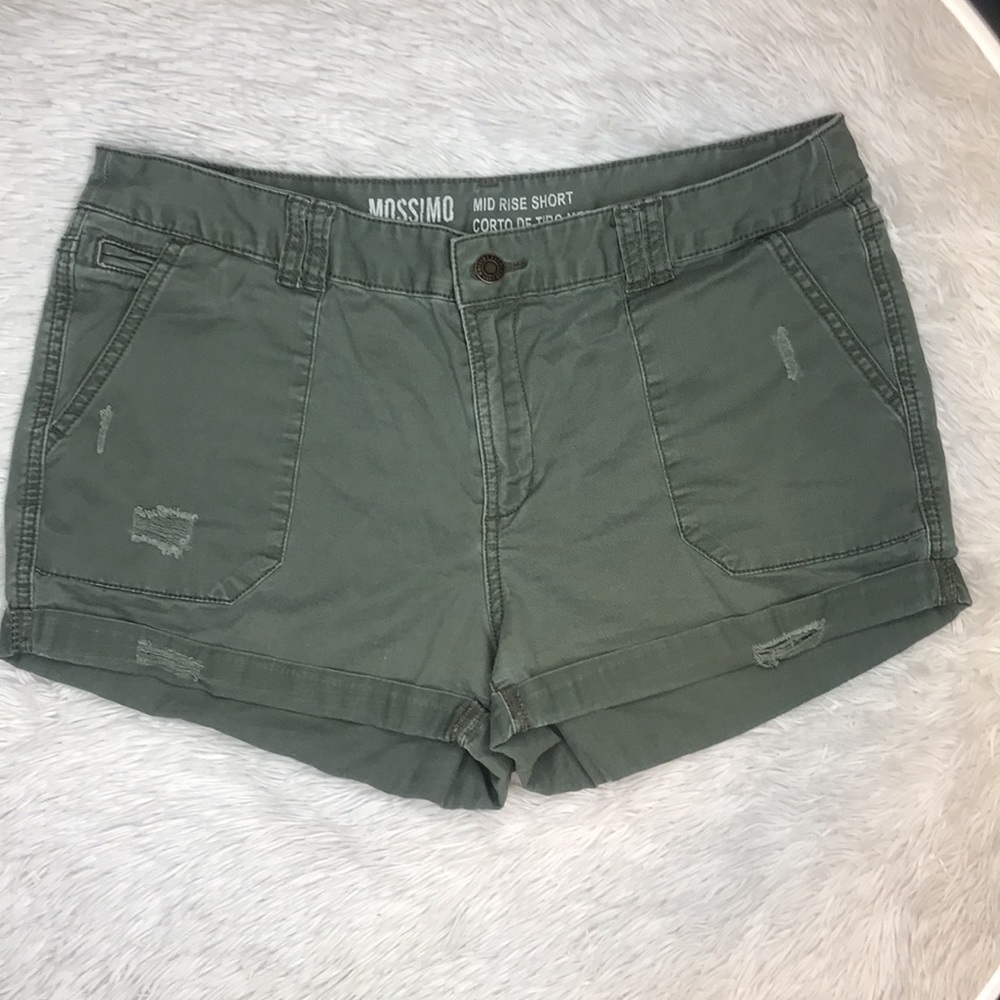 Khaki green mid rise distressed shorts